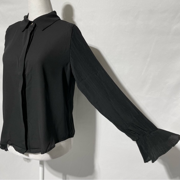 New Area Stars Pleated Puff Sleeve Button Down Blouse Lee Black Size Small - Picture 9 of 16